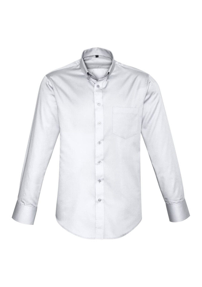 A white long sleeve button-up shirt with a single chest pocket and a collar, featuring a logo.
