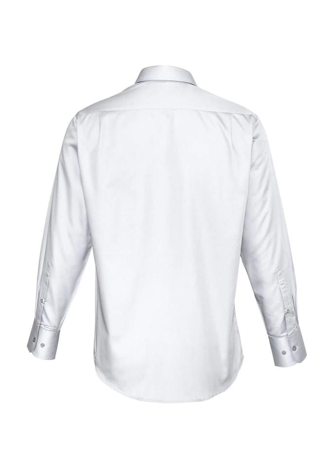 A white long sleeve button-up shirt featuring a smooth fabric and a simple design. It has a logo on the back.