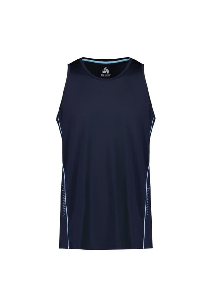A navy blue men's singlet featuring light blue accents and a logo. The design is simple and athletic.