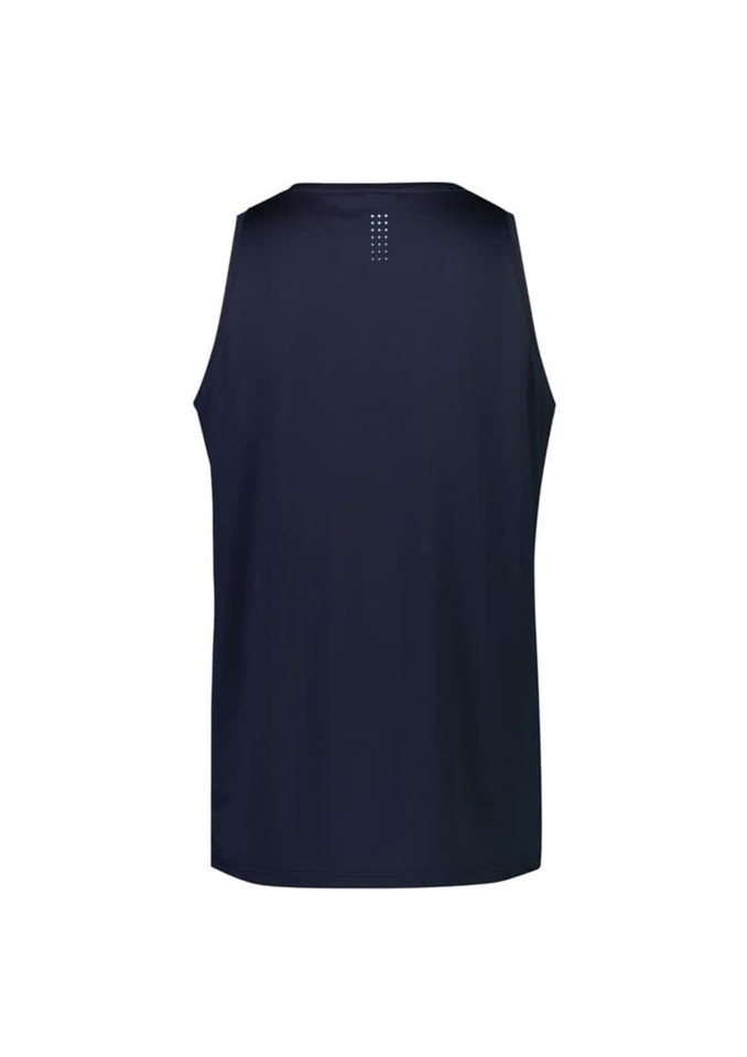 A navy men's singlet with a sleek design and a logo at the back.