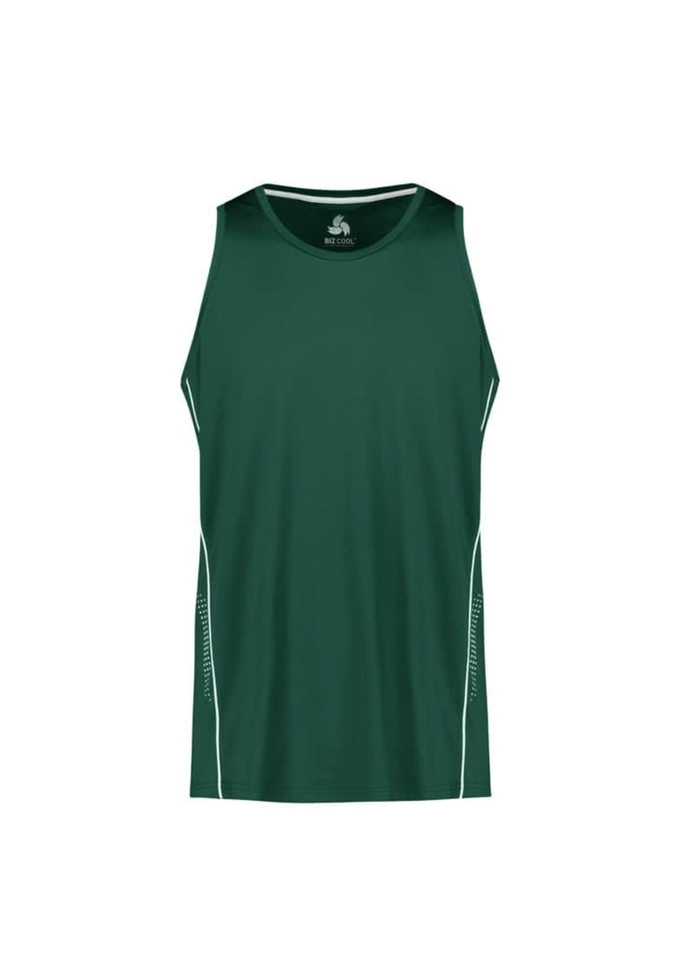 A men's balance singlet in dark green featuring white accents and a logo.