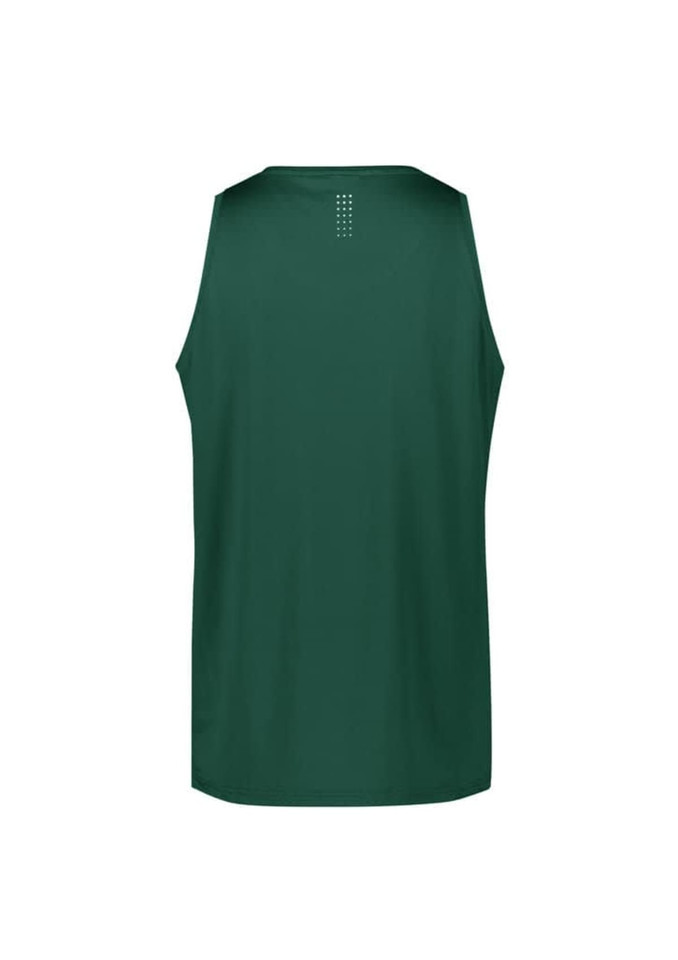 A green men’s singlet featuring a simple design with a logo on the back.