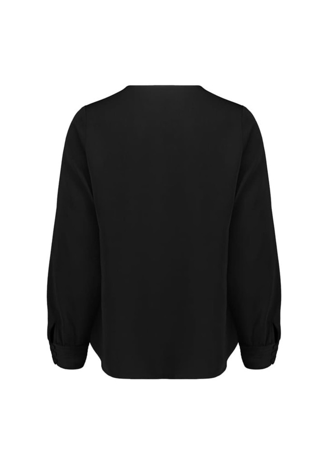 A black long sleeve blouse with a simple design and gathered sleeves. It features a rounded neckline and a logo.