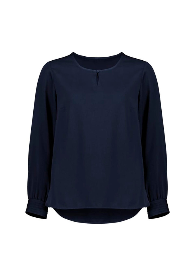 A navy blue long sleeve blouse with a round neckline and gathered sleeves. It features a subtle logo on the side.