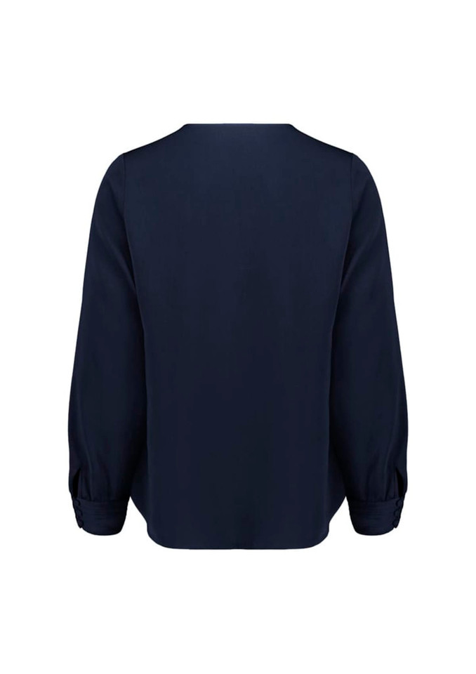 A navy blue women's long sleeve blouse featuring a simple back design and gathered sleeve detail.