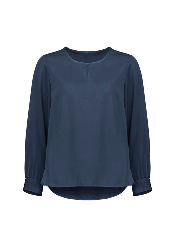 A navy long sleeve blouse with a round neckline and gathered sleeves. It features a subtle sheen and a loose fit.