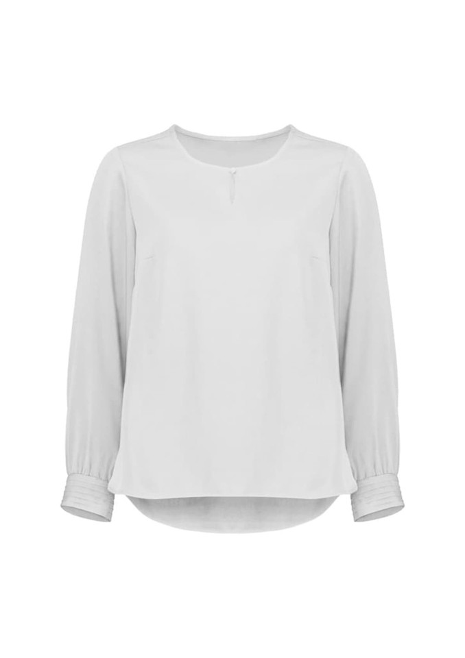 A women's long sleeve blouse in a soft white colour with a round neckline and button detail. It features a relaxed fit.