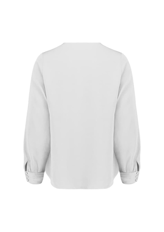 A light grey women's long sleeve blouse with button details on the sleeves and a simple back design.