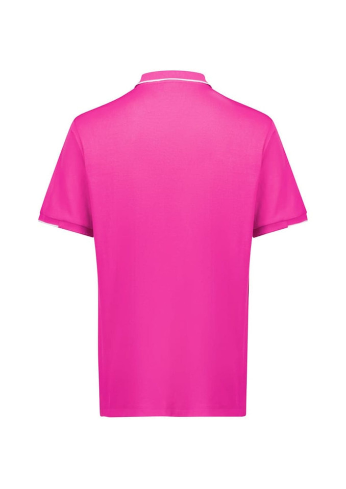 A pink short sleeve polo shirt with a plain back and a collar, featuring a small logo.