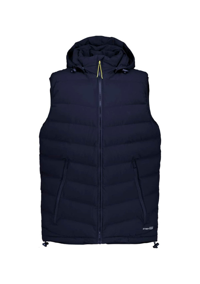A navy unisex hooded puffer vest with a front zip and two side pockets. Features a logo on the upper.