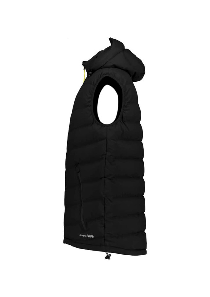 A black unisex hooded puffer vest with armholes and a zippered front pocket, featuring a logo on the side.