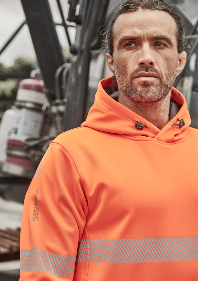 An orange unisex water-resistant hoodie with segmented tape, featuring a hood and a branded logo on the sleeve.