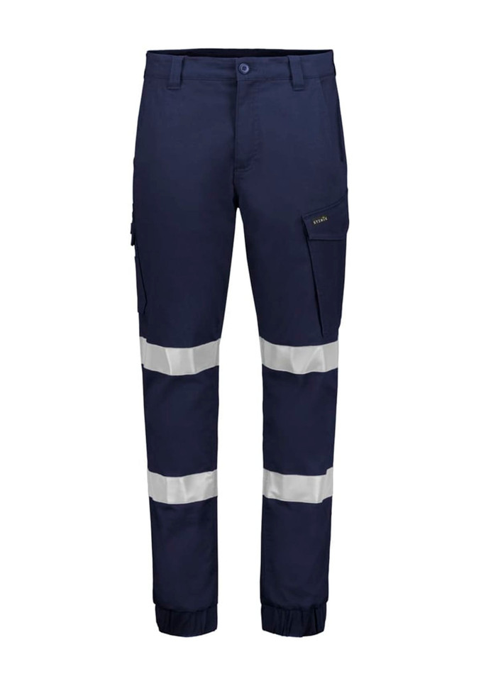 Navy cargo pants featuring cuffed hems and reflective stripes, with a side pocket and a logo on the waistband.