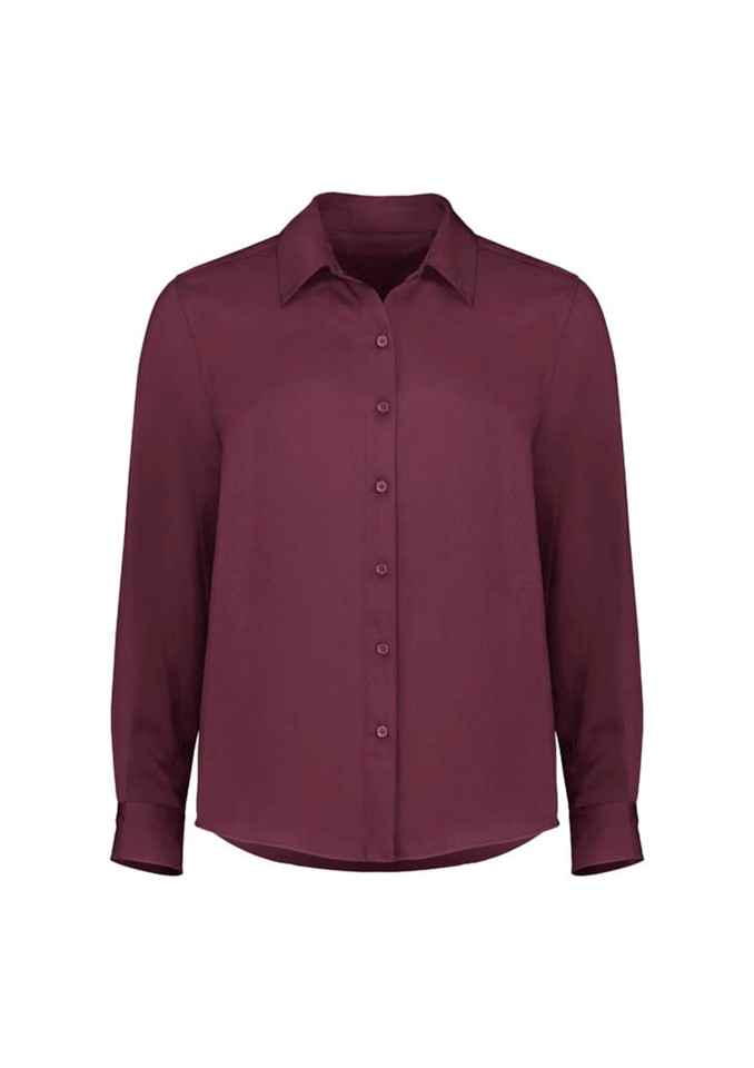 A button-up shirt in deep burgundy with long sleeves and a collar, featuring front buttons and a subtle logo.