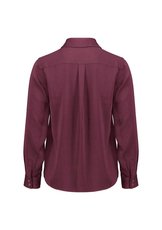 A burgundy women's long sleeve button-up shirt featuring a classic collar and a back pleat, with a logo present.