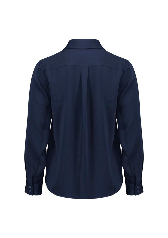 A navy blue women's long sleeve shirt featuring a collared neckline and back pleat detail. It includes a logo.