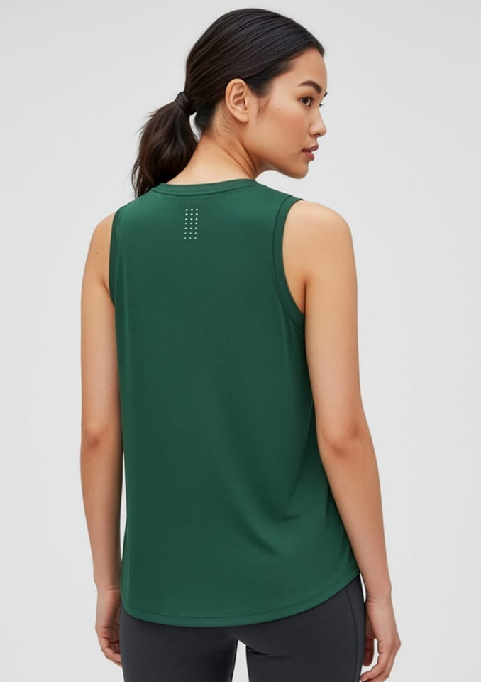 A women's singlet in dark green, featuring a simple design and a logo on the back.