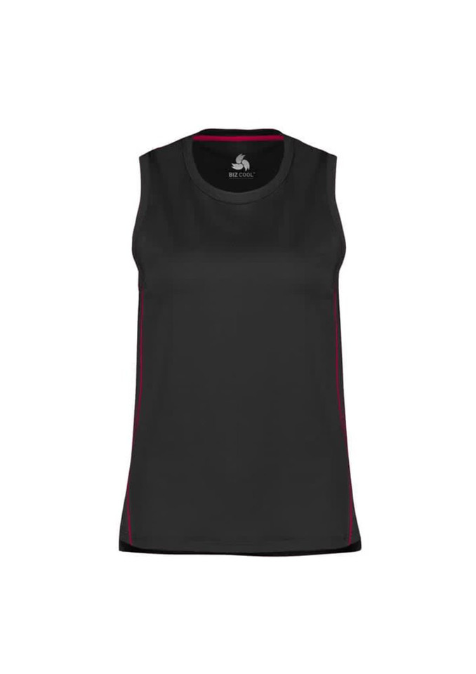A black women's singlet with a fitted design and red side accents. It features a logo at the neckline.