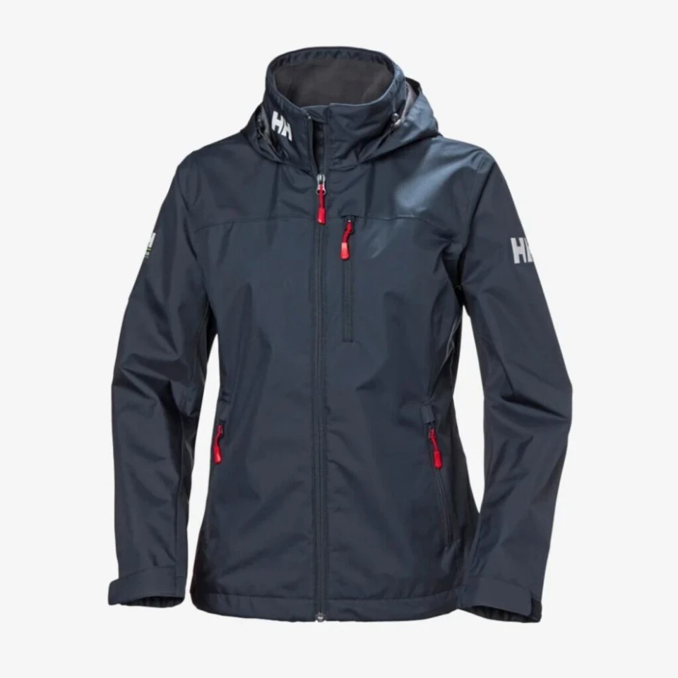 Waterproof navy blue jacket with red zipper accents and hood.