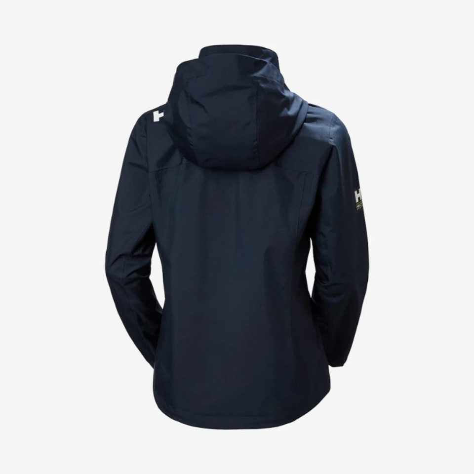 Navy waterproof hooded jacket back view.