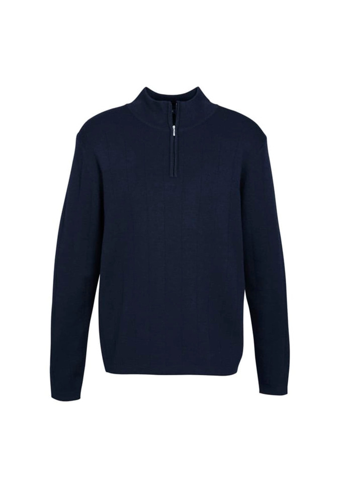 A navy 80/20 wool pullover jumper with a zip collar and long sleeves, featuring a subtle ribbed texture.