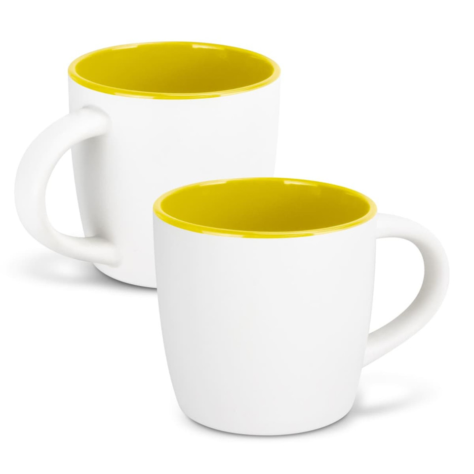 A two-tone coffee mug featuring a white exterior and a bright yellow interior, with a handle and simple design.