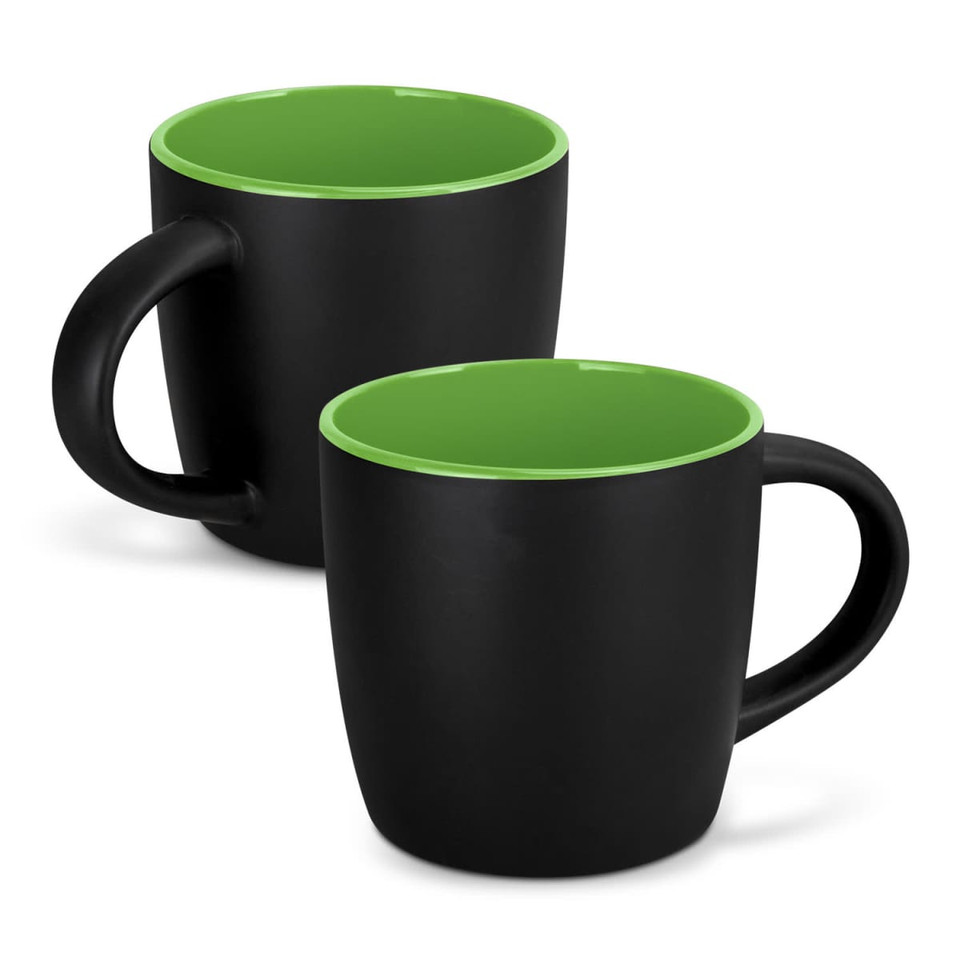 A black coffee mug with a green interior, featuring a smooth finish and a handle. Includes a logo.