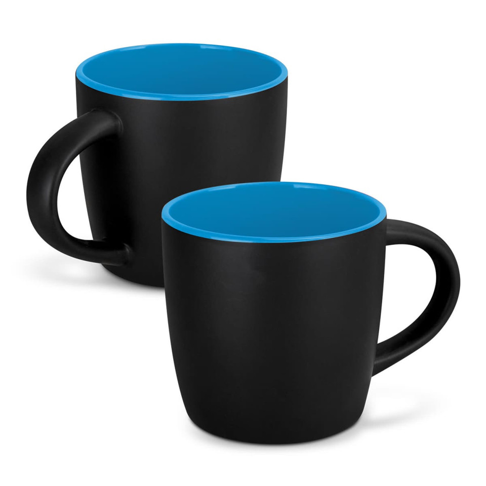 A drinkware set featuring two black mocha coffee mugs with blue interiors and handles, including a logo.