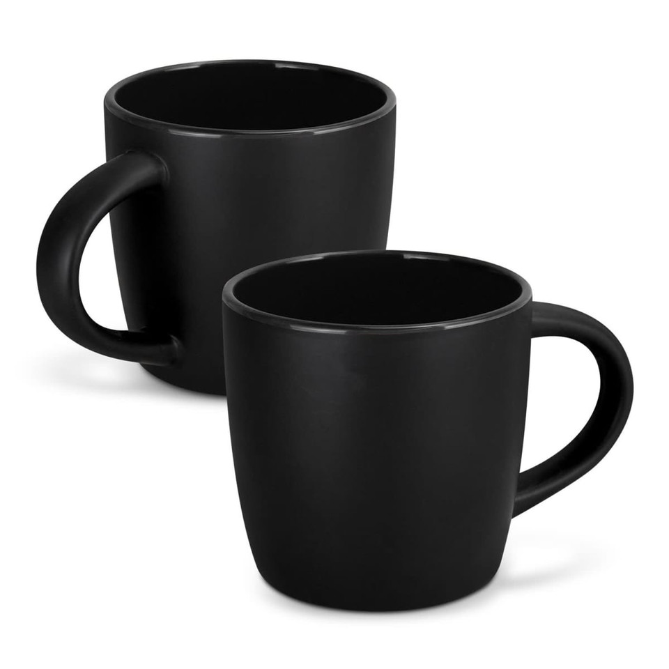 A black two-tone coffee mug set with a smooth finish and ergonomic handles, featuring a logo.