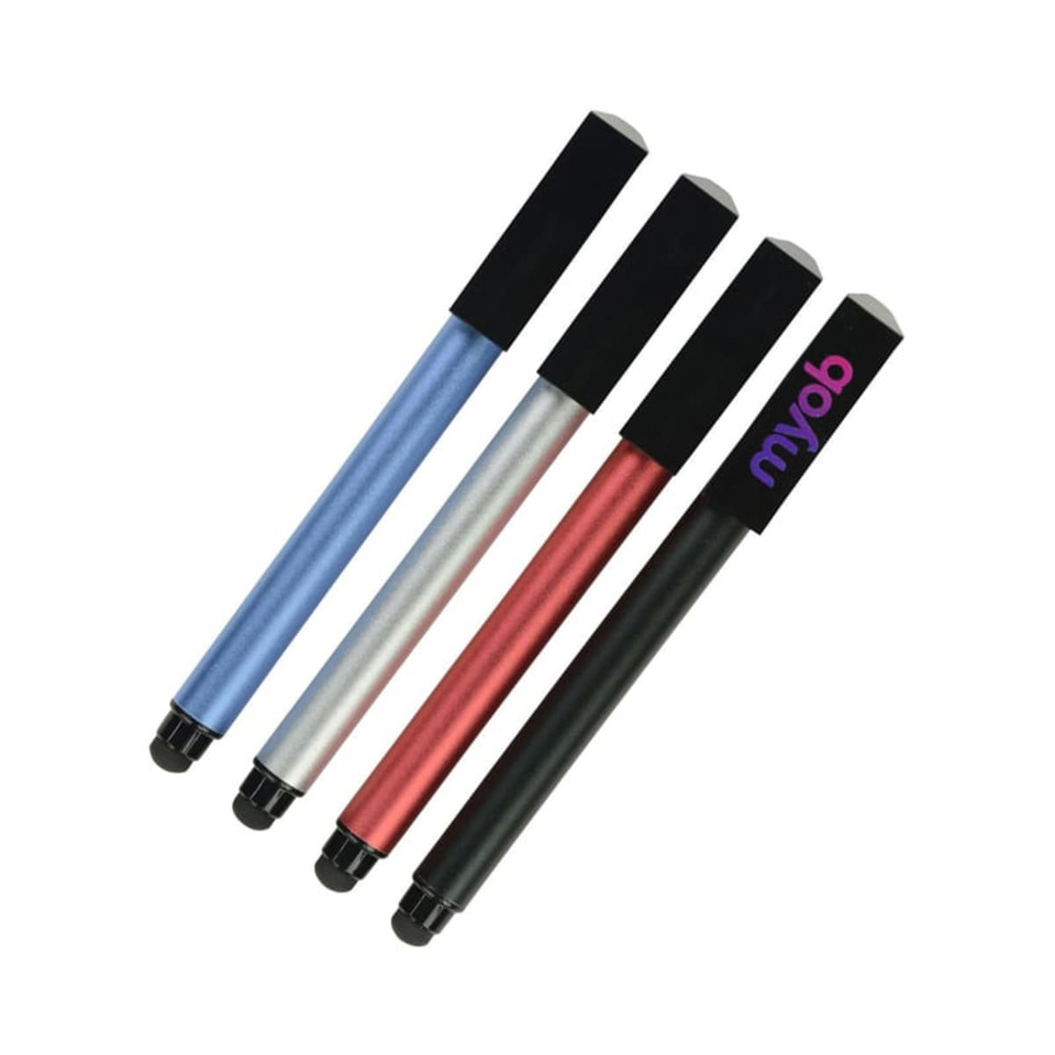 A set of four metal pens in blue, silver, red, and black, each with a black stylus tip and a logo.
