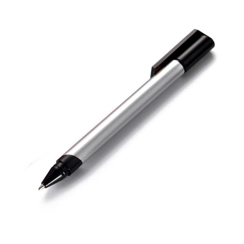 A silver metal pen with a black cap and a fine tip. The pen features a logo on its body.