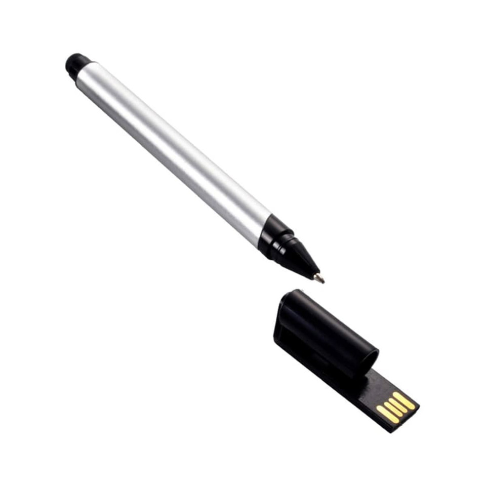 A silver metal pen with a black tip and a removable cap that reveals a USB connector.