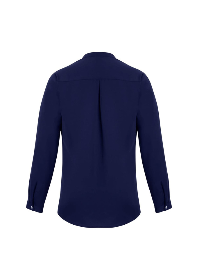 A navy blue women's long sleeve blouse with a button-up design and a back pleat.