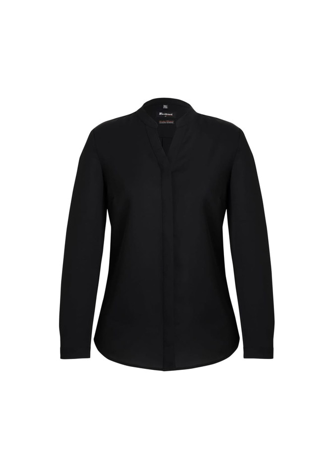 A black long sleeve blouse with a button-up front and a collar, featuring a logo on the neckline.