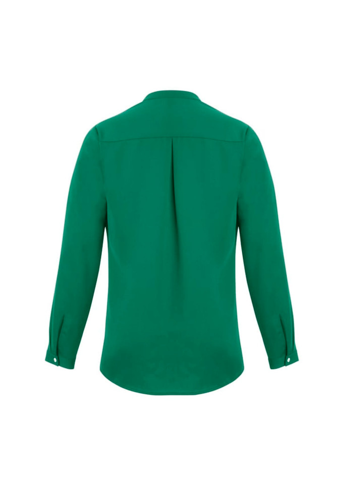 A green long sleeve blouse with a button-up neckline and a pleat detail at the back. Features a logo on the fabric.