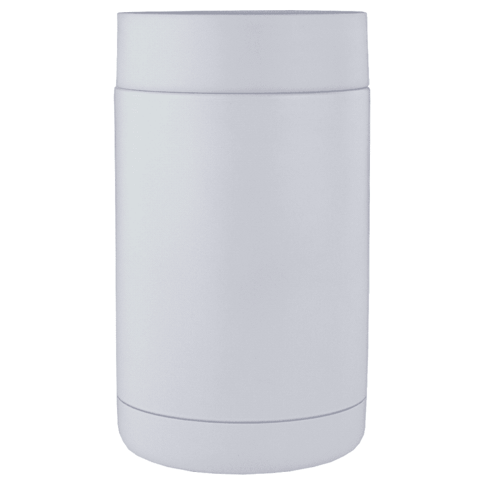 A drink bottle holder in white, designed to keep beverages cold, featuring a simple cylindrical shape and a logo.