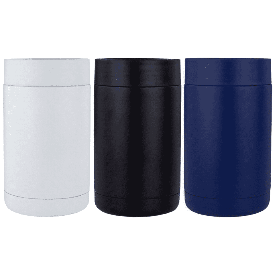 A drink bottle holder set featuring three can holders in white, black, and navy blue, each with a smooth exterior.