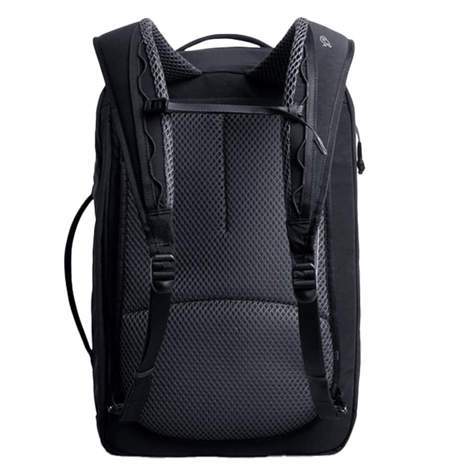 A black backpack featuring a mesh back panel and padded shoulder straps. It includes a logo on the front.
