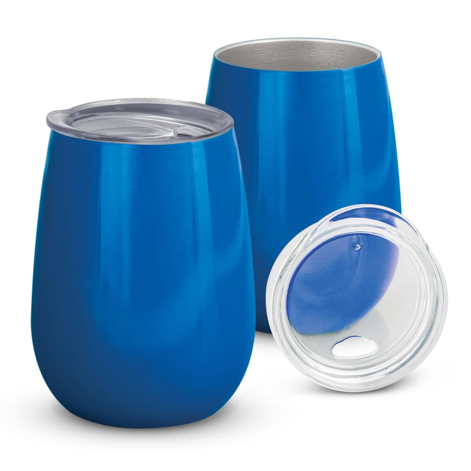 A drink bottle set featuring two metallic blue vacuum cups and a clear lid.