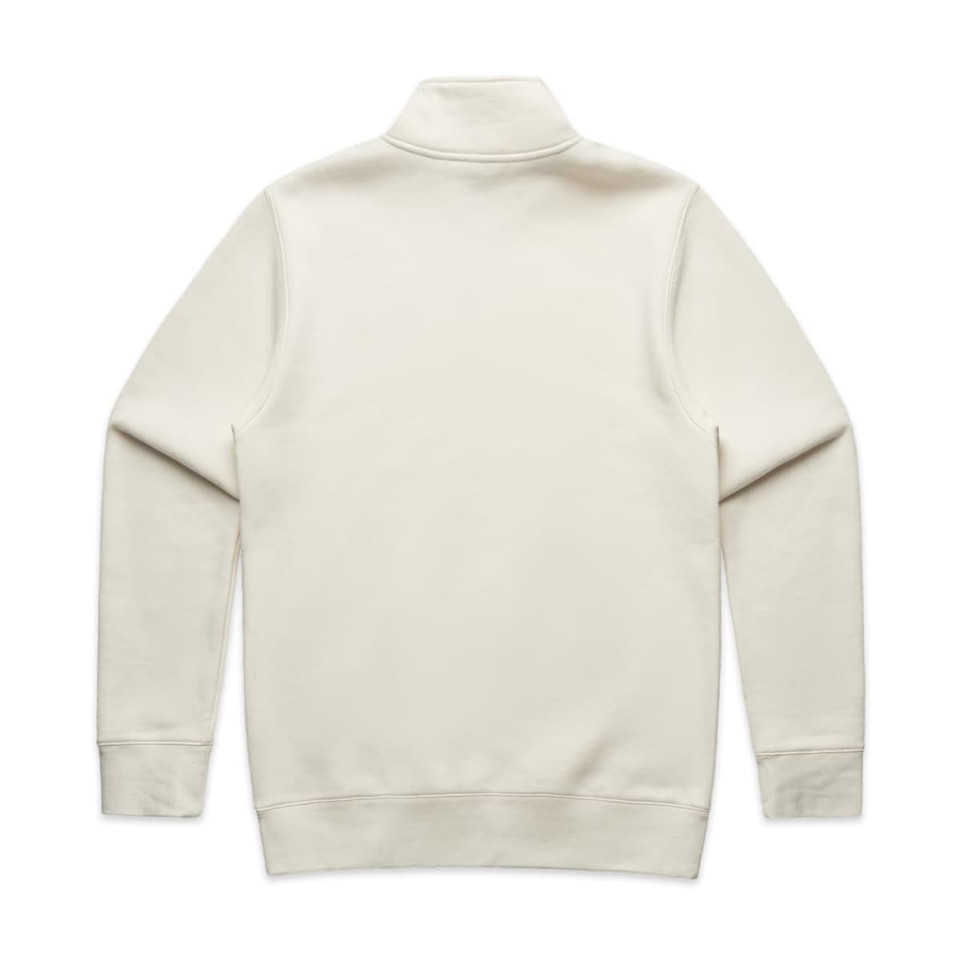 A cream-coloured sweater featuring a half zip and a collar, with long sleeves and a plain back. It has a logo.
