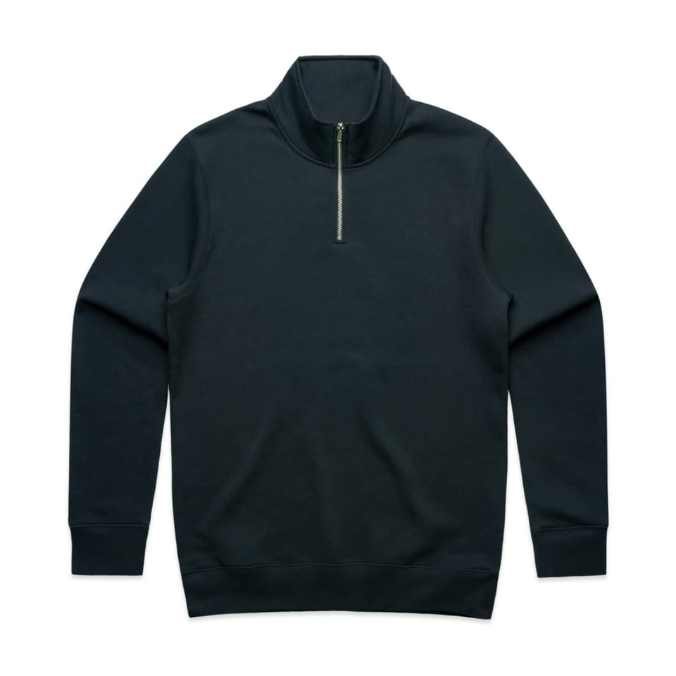 A black half zip crew sweatshirt featuring long sleeves and a zip collar, with a logo on the chest.
