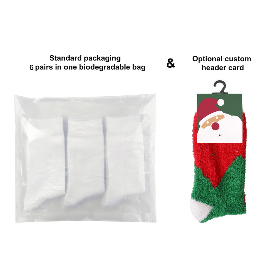 A transparent bag containing six pairs of coral fleece socks in red and green, with an optional custom header card.