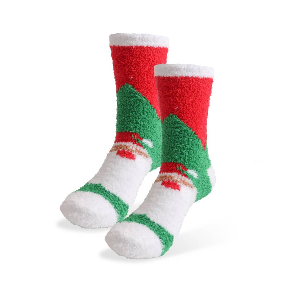 Cozy coral fleece socks in red, green, and white, featuring a festive pattern. Includes a logo.