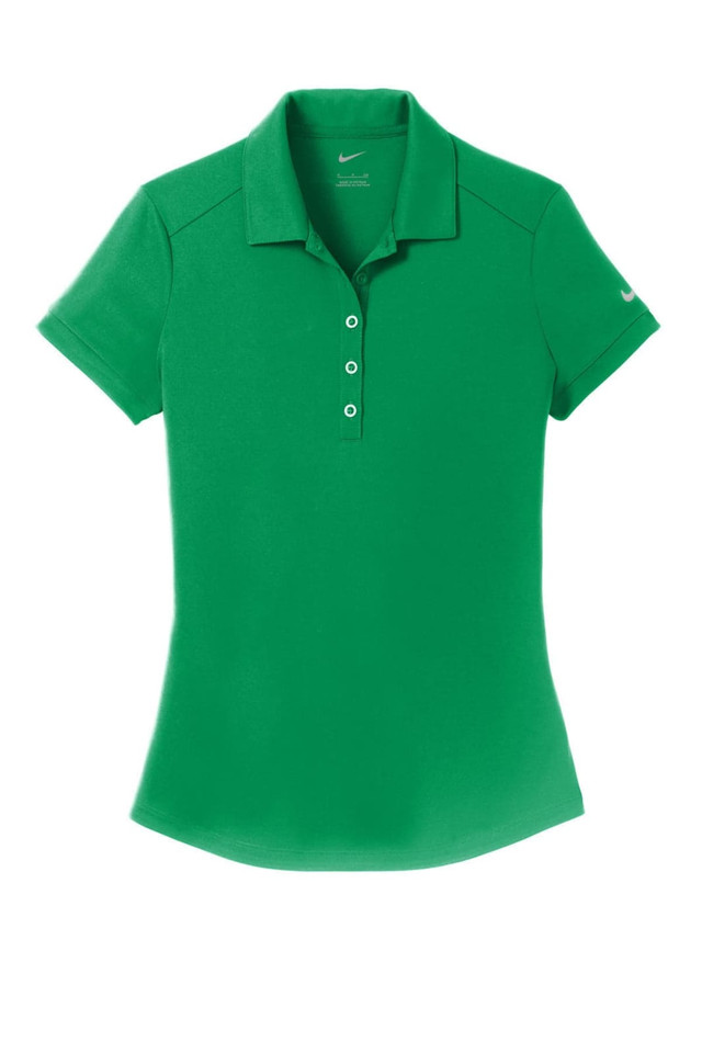 A green polo shirt with a modern fit, featuring a collar and buttoned placket, has a brand logo on it.