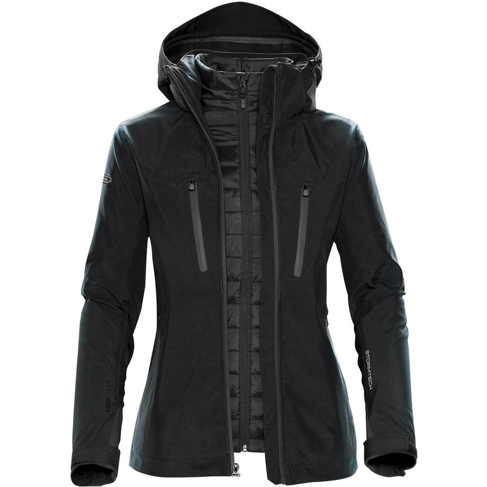 A women's black jacket with a hood, featuring zippered pockets and a sleek design, also displaying a logo.