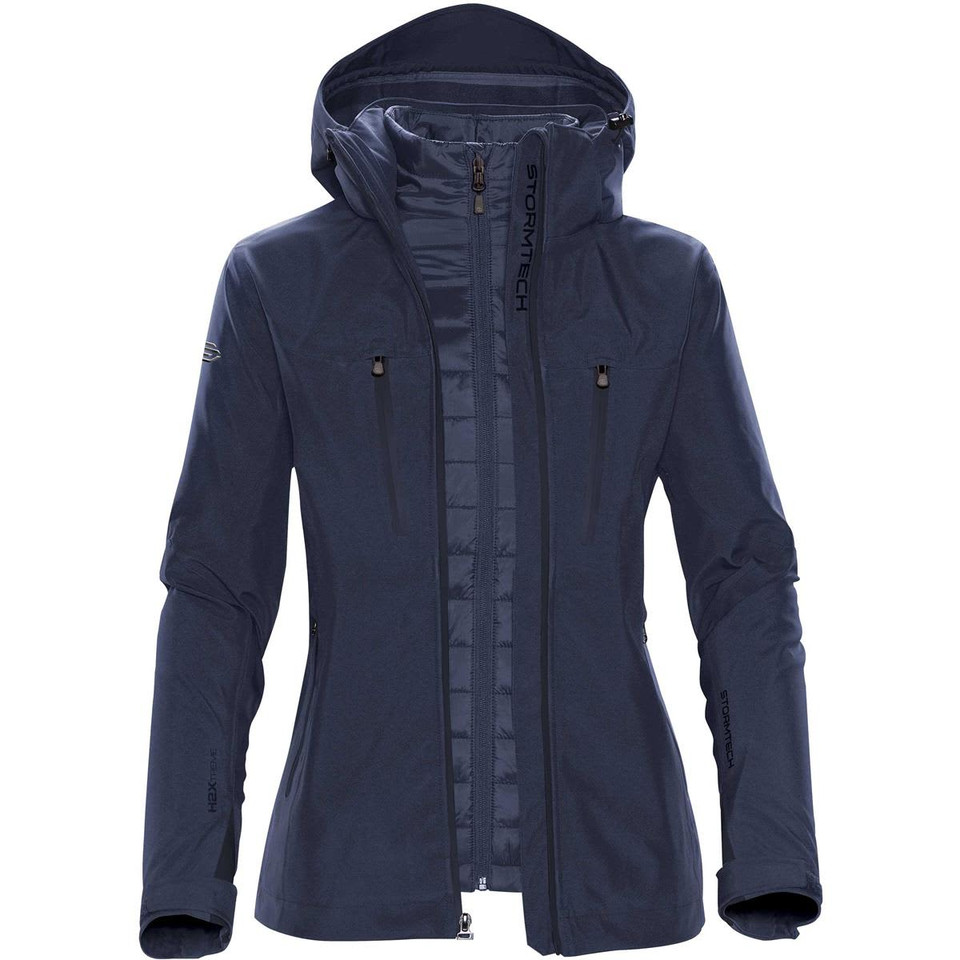 A navy women's jacket featuring a hood, zippered front, and two zippered pockets. It includes a logo on the sleeve.