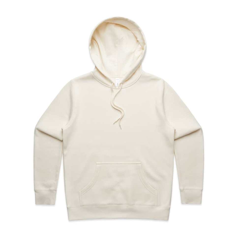 A cream-coloured hoodie featuring a front pocket and an adjustable hood. It has a logo present.
