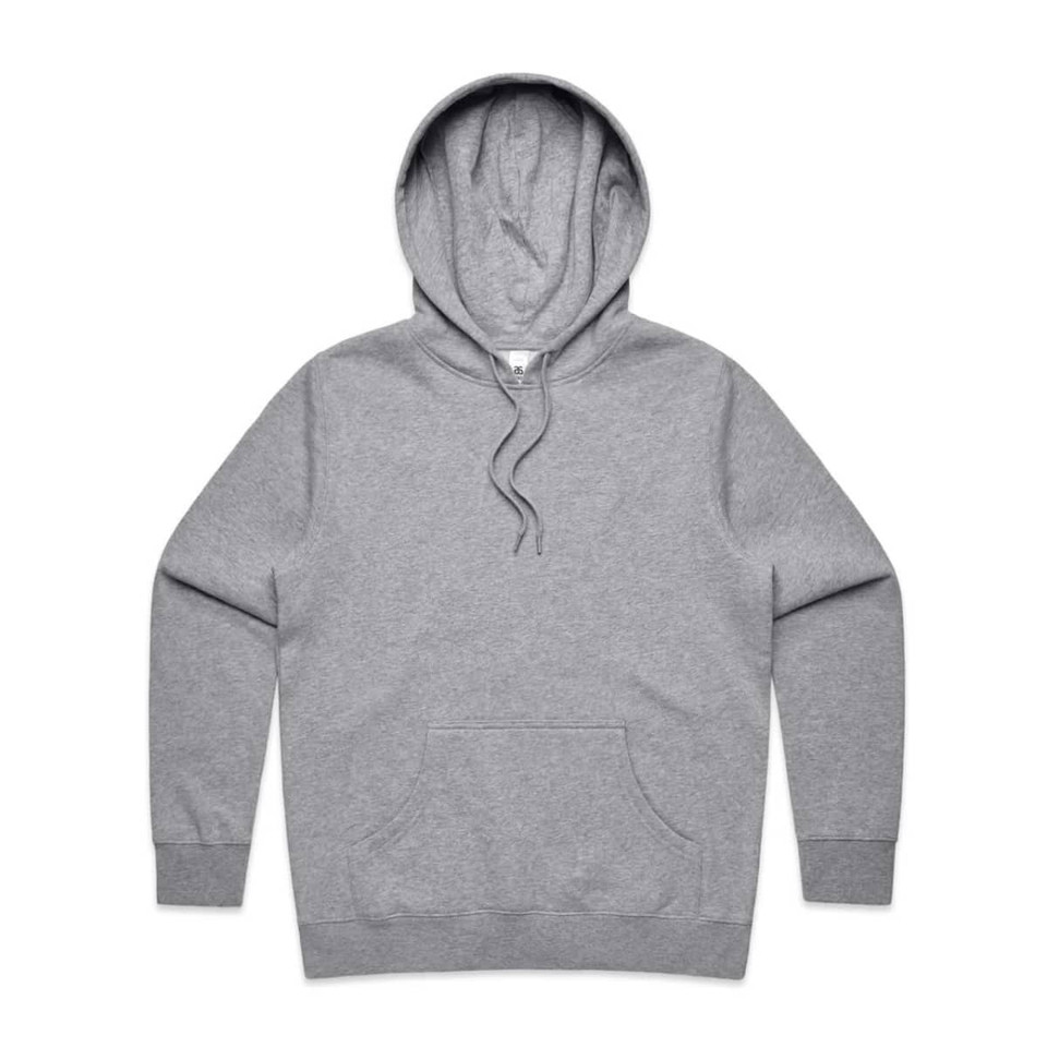 A grey hoodie with a front pouch pocket and a drawstring hood, featuring a logo.