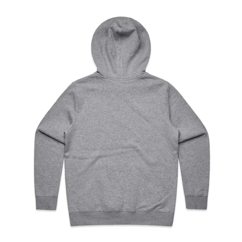 A grey hoodie with a spacious hood and long sleeves, featuring a back view design.