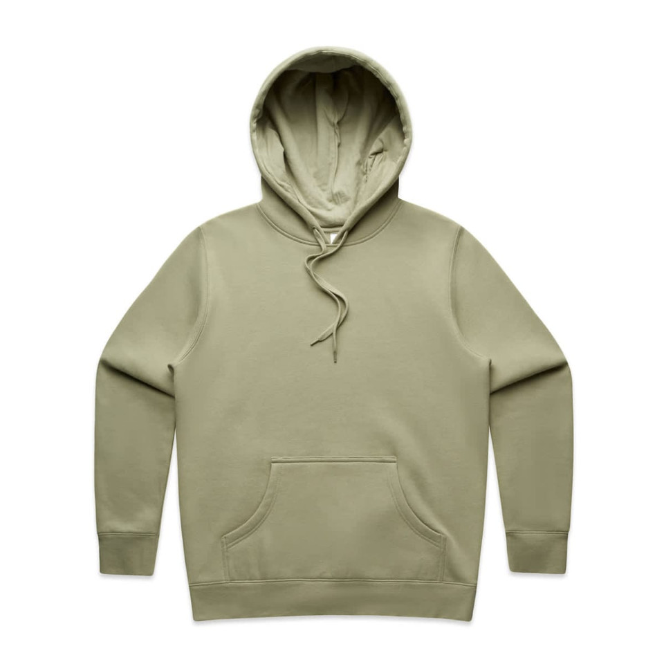 A sage green hoodie with a front pocket and an adjustable hood, featuring a logo on the front.